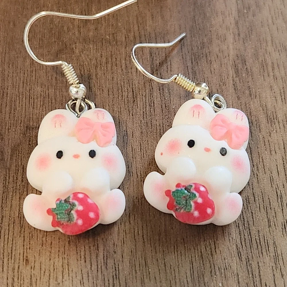 Handcrafted White Bunny w/Strawberry Dangle Drop Earrings NEW Female Easter